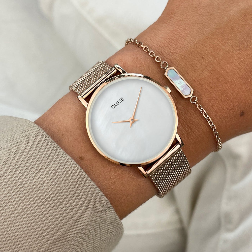 Minuit Mesh Watch And Pearl Bracelet, Rose Gold Colour CG10210 - watch and bracelet on wrist