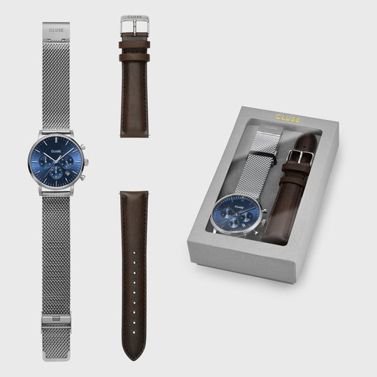 Gift Box Aravis Chrono Mesh, Silver, Blue & Brown Strap CG1519502001 - Giftbox