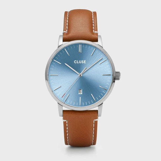 CLUSE Giftbox Aravis Watch & Brown Strap Silver CG20902 - watch face front