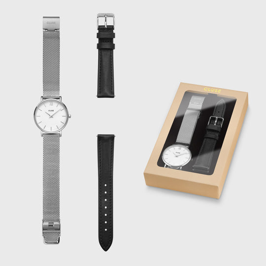 Gift Box Minuit Mesh Silver Colour & Leather Strap