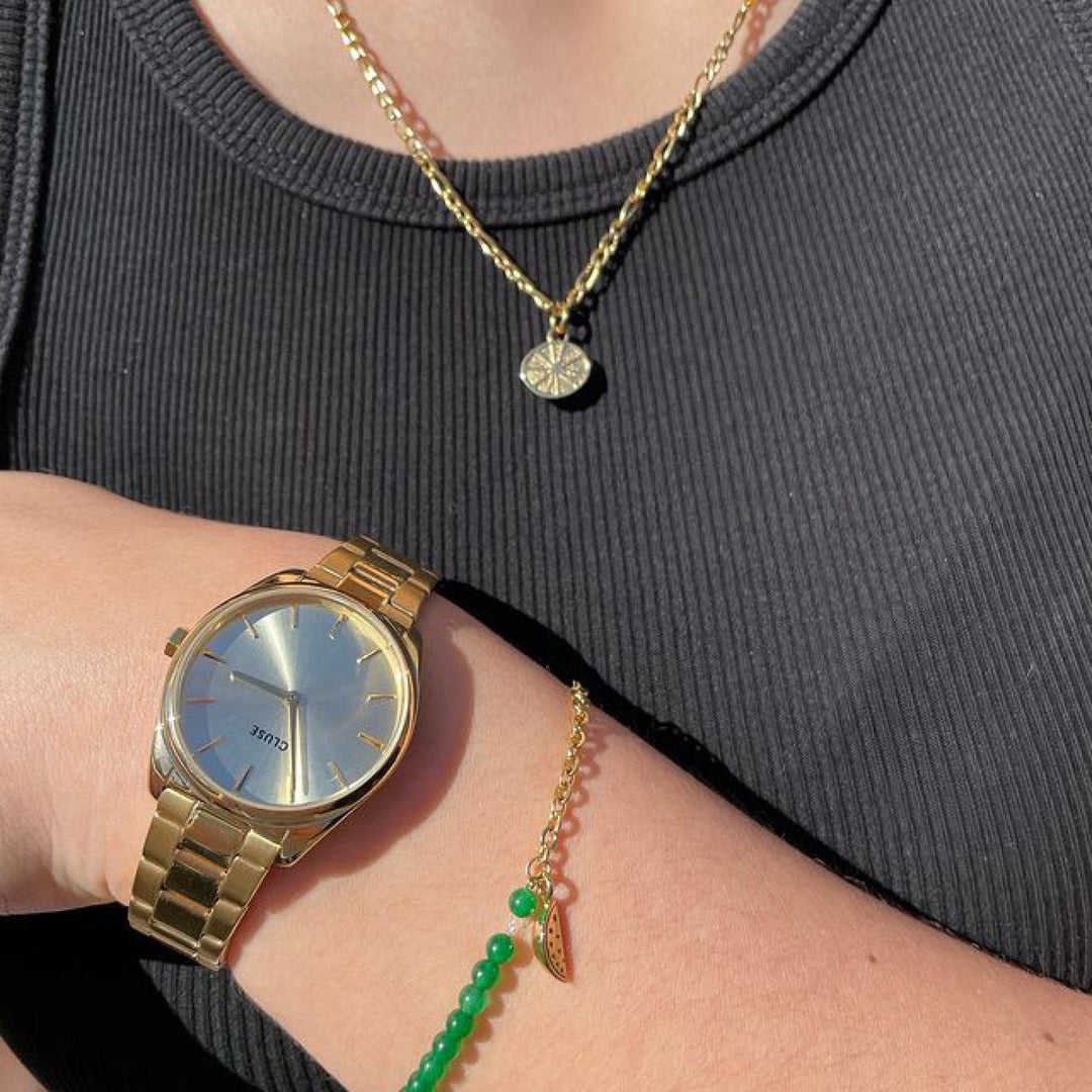 Essentielle Green Beads Watermelon Charm Bracelet, Gold Colour CB13351 - Bracelet on model