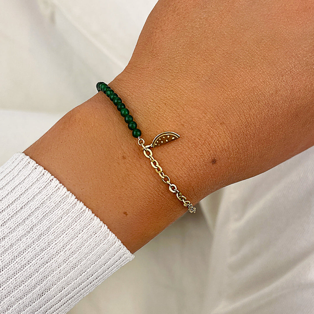 Essentielle Green Beads Watermelon Charm Bracelet, Gold Colour CB13351 - Bracelet on wrist