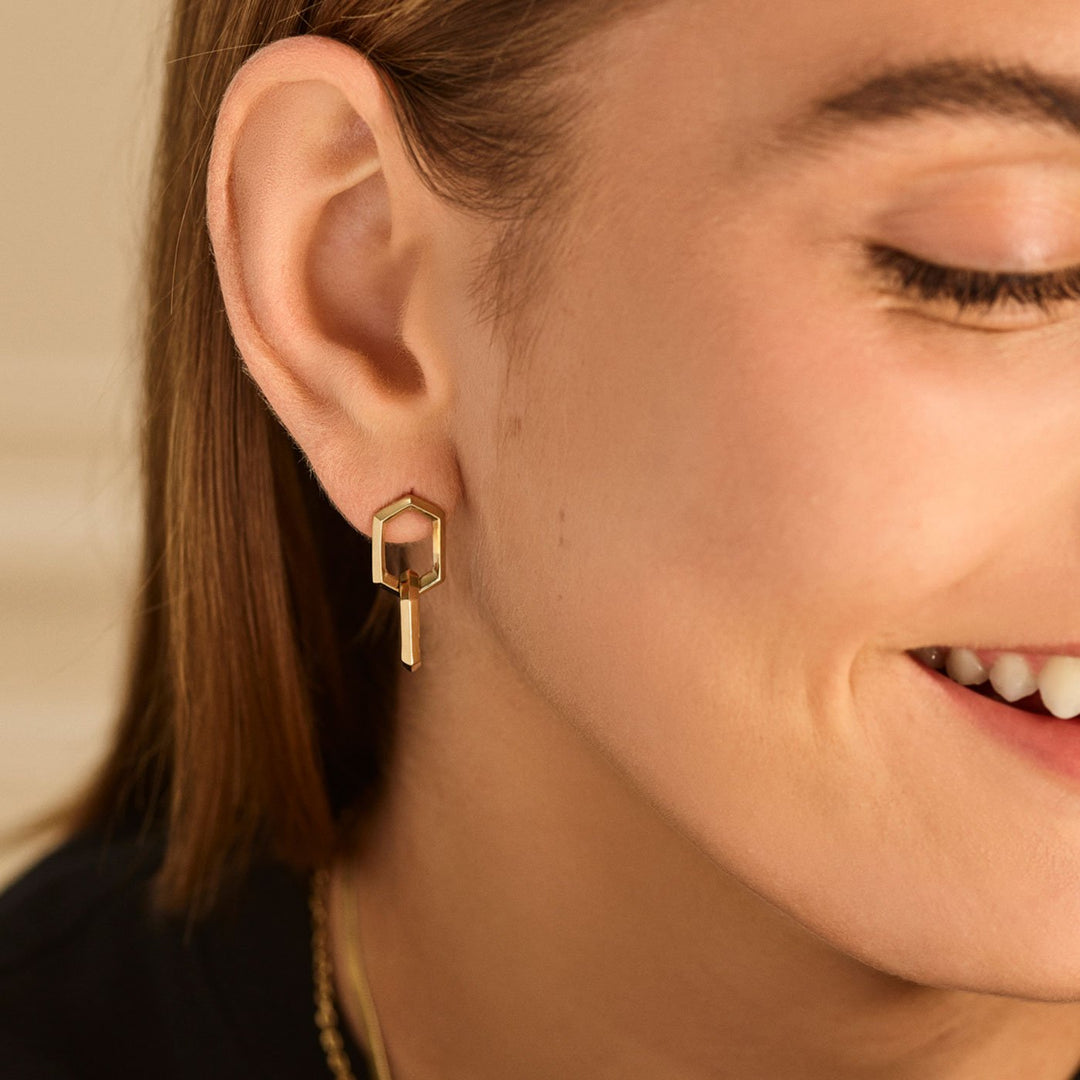 CLUSE Essentielle Double Hexagon Earrings Gold Colour CE13307 - earrings on ear