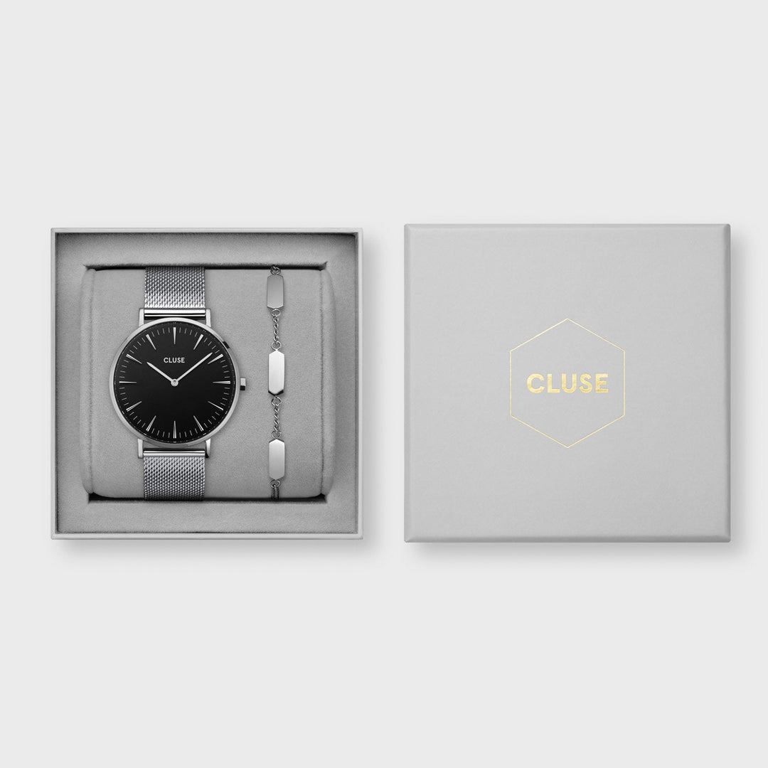 CLUSE Boho Chic Watch and Bracelet Silver Colour Gift Box CG10107 - Gift box packaging
