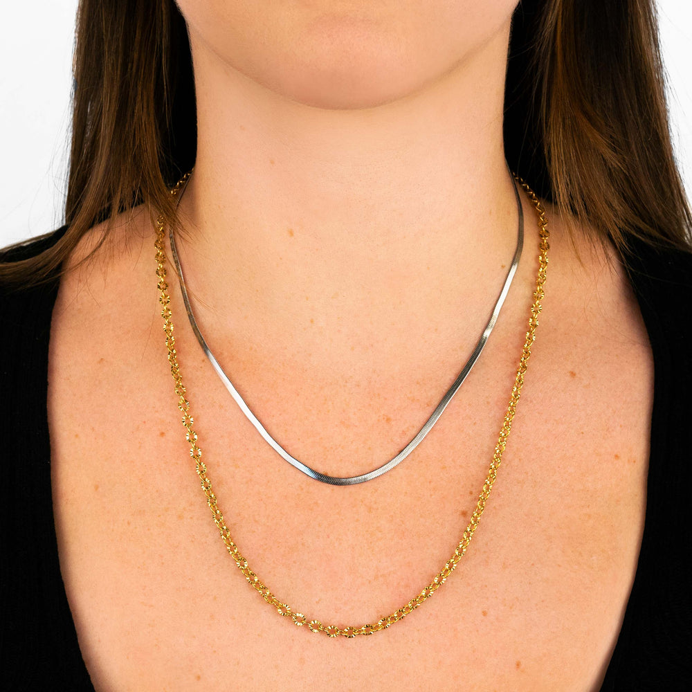 Gift Box Shiny & Snake Necklaces, Silver and Gold Colour CG10108 - Necklace on model