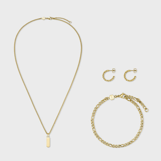 Gift Box Figaro Hoop Earrings, Bracelet and Necklace, Gold Colour CG10114 - jewellery set