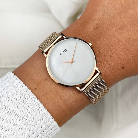 Minuit Mesh Watch And Grey Strap, Rose Gold Colour CG10208 - Watch on wrist