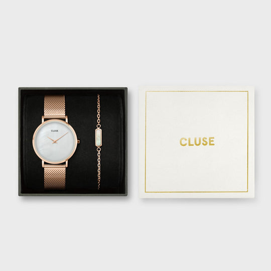 Minuit Mesh Watch And Pearl Bracelet, Rose Gold Colour CG10210 - Gift box