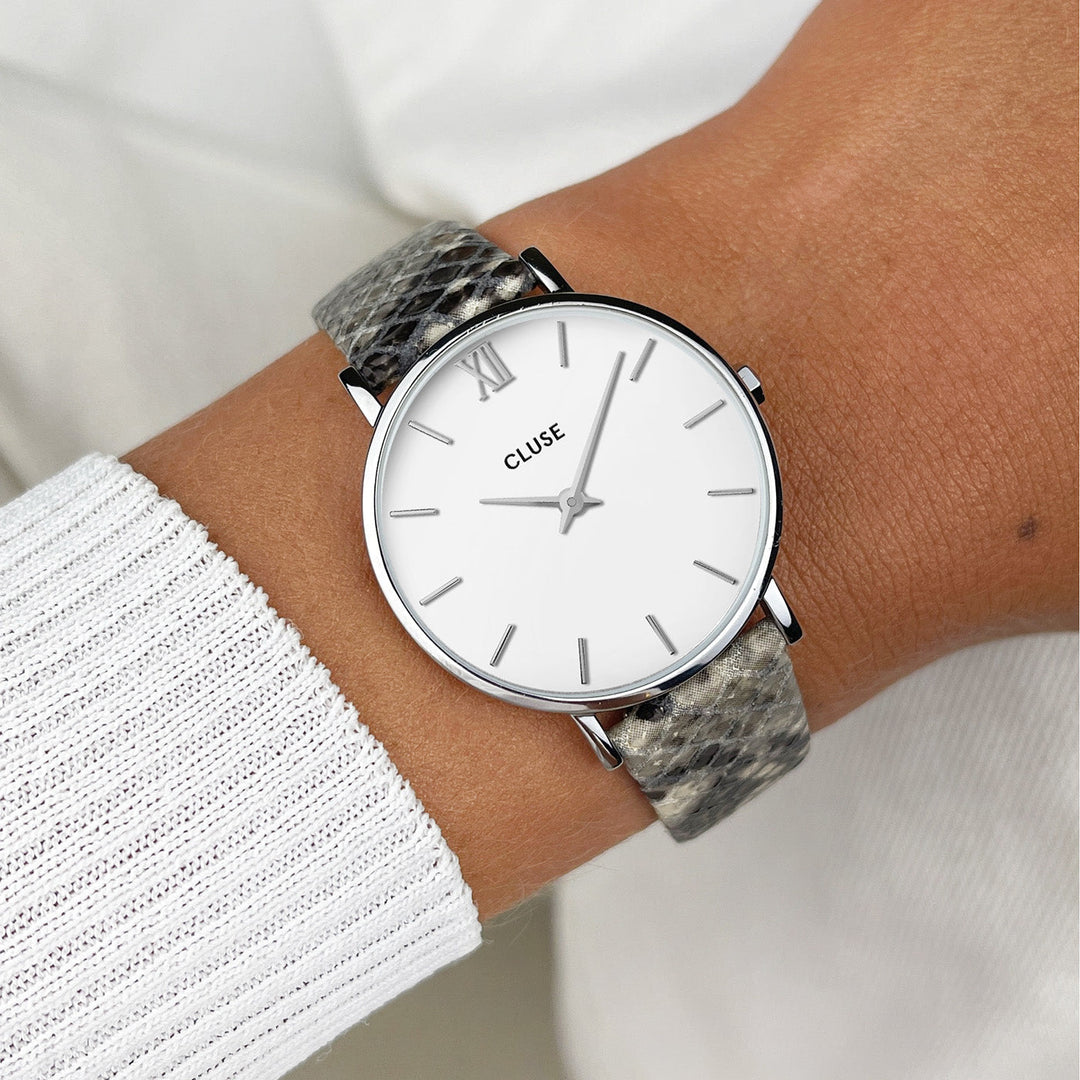 Gift Box Minuit Mesh White, Silver and Python Strap CG10211 - Watch on wrist