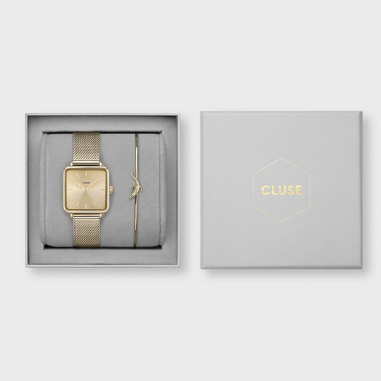 CLUSE Giftbox La Tétragone Watch & Alligator Bracelet Gold CG10306 - Giftbox