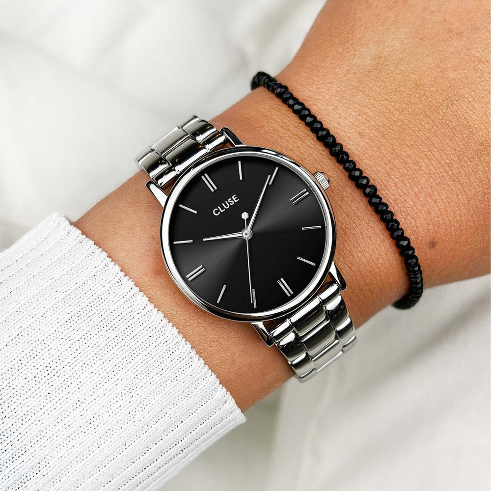 Gift Box Pavane Petite Steel and Beads Bracelet, Silver Colour CG11402 - Watch and bracelet on wrist
