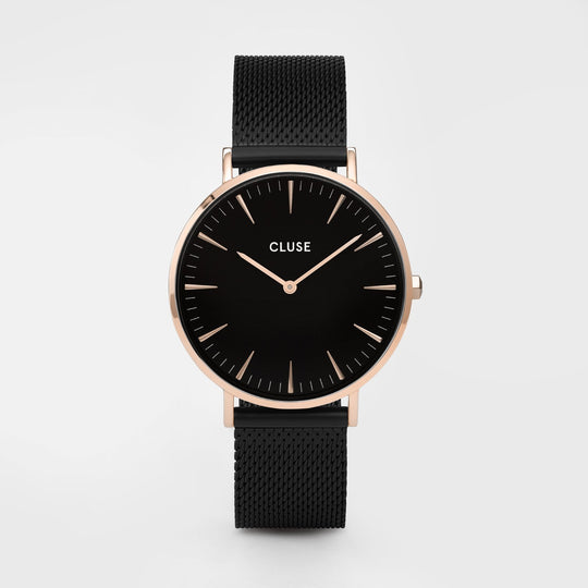 CLUSE Boho Chic Mesh, Rose Gold, Black & Black Strap Gift Box CG1519201003 - watch face front