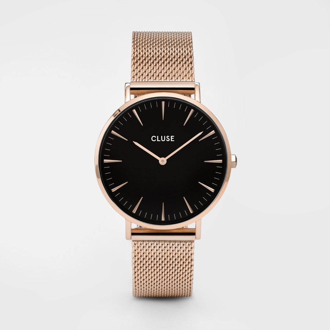 CLUSE Boho Chic Mesh, Rose Gold, Black & Black Strap Gift Box CG1519201003 - watch face front