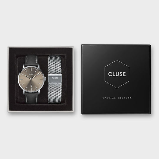 CLUSE Aravis Silver, Warm Grey/Black & Silver Mesh Strap Gift Box CG1519501001 - gift box packaging
