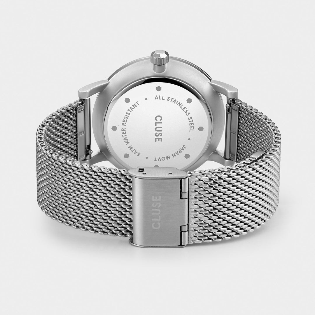 CLUSE Aravis Silver, Warm Grey/Black & Silver Mesh Strap Gift Box CG1519501001 - watch clasp and back