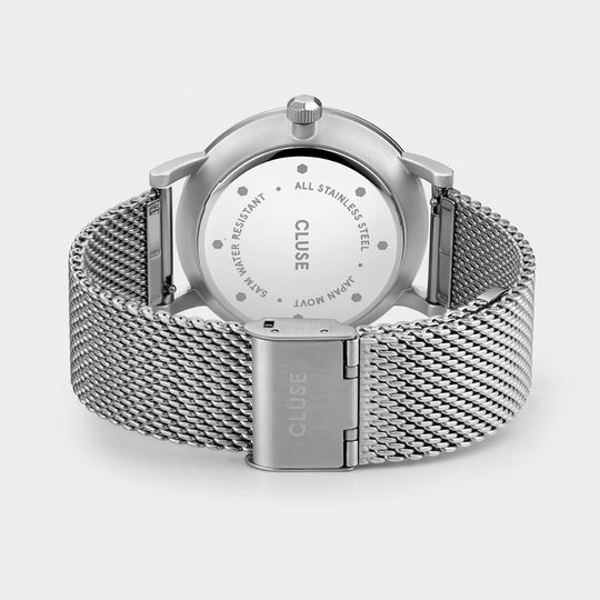 CLUSE Aravis Silver, Warm Grey/Black & Silver Mesh Strap Gift Box CG1519501001 - watch clasp and back