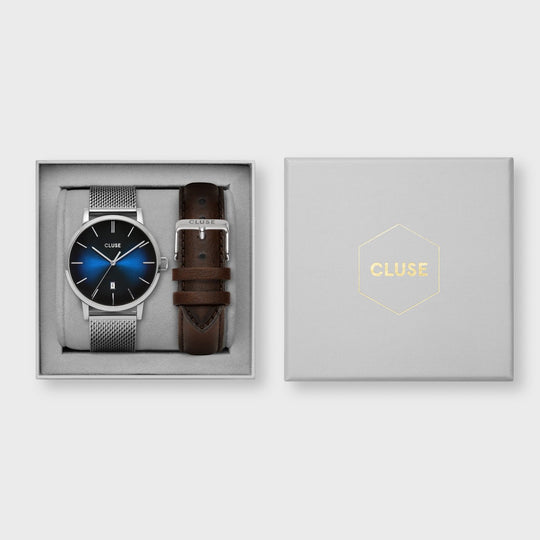 CLUSE Aravis Mesh, Silver, Blue Fumé & Brown Leather Strap Gift Box CG20901 - Gift box