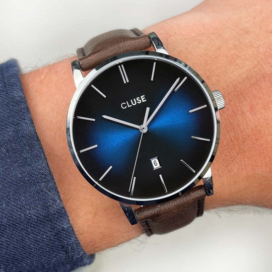 CLUSE Aravis Mesh, Silver, Blue Fumé & Brown Leather Strap Gift Box CG20901 - Watch on wrist