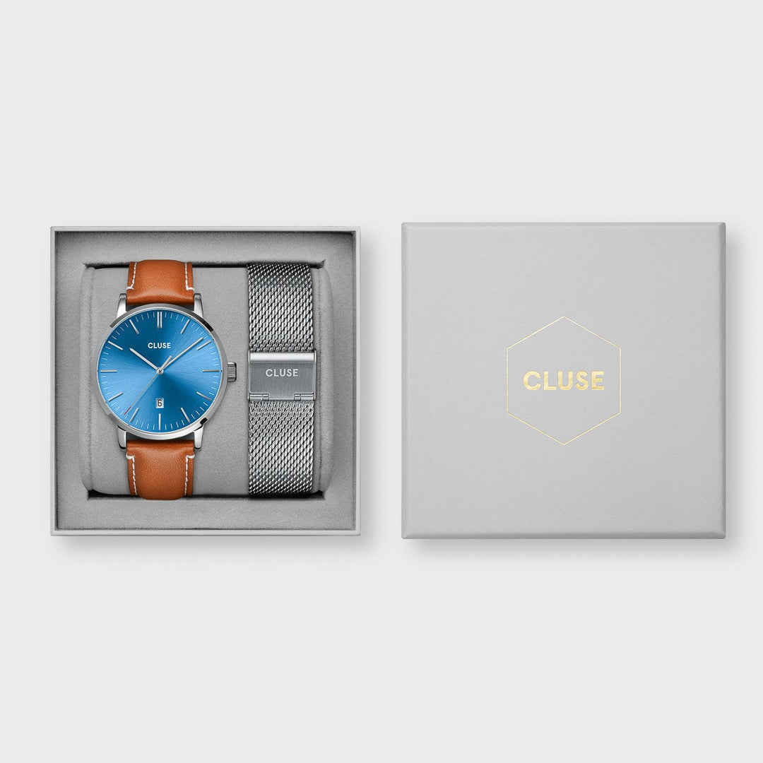 CLUSE Giftbox Aravis Watch & Brown Strap Silver CG20902 - Giftbox