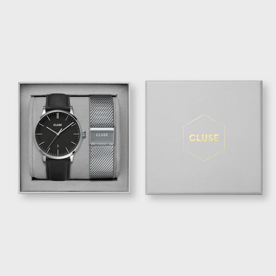 CLUSE Gift box Aravis Watch and Mesh Strap, Silver Colour CG20904 - gift box packaging