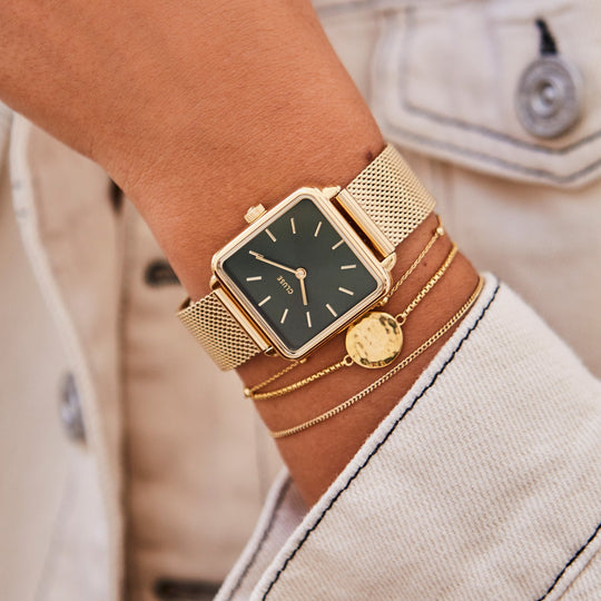 CLUSE La Tétragone Mesh Gold/Forest Green CL60014 - watch on wrist