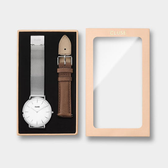 La Bohème Gift Box Mesh Silver/White + Brown Leather Strap CLA003 - Gift box