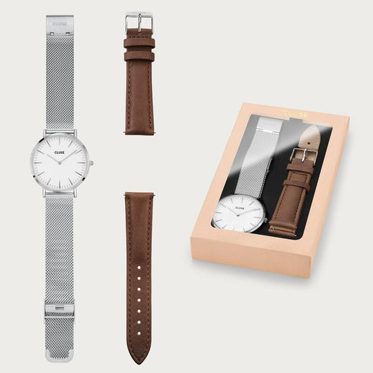 La Bohème Gift Box Mesh Silver/White + Brown Leather Strap CLA003 - watch