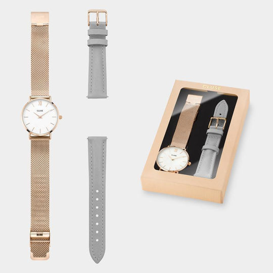 Aviation Box Minuit Mesh Gift Box Rose Gold White with Grey Strap CLA005 - Watch