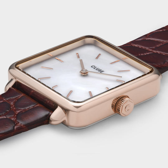 CLUSE La Tétragone Leather Rose Gold White Pearl/Dark Red Alligator - Watch case detail