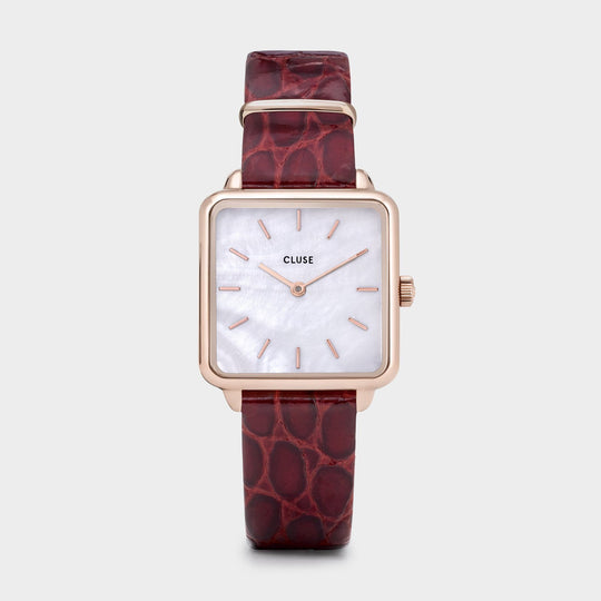 CLUSE La Tétragone Leather Rose Gold White Pearl/Dark Red Alligator - Watch