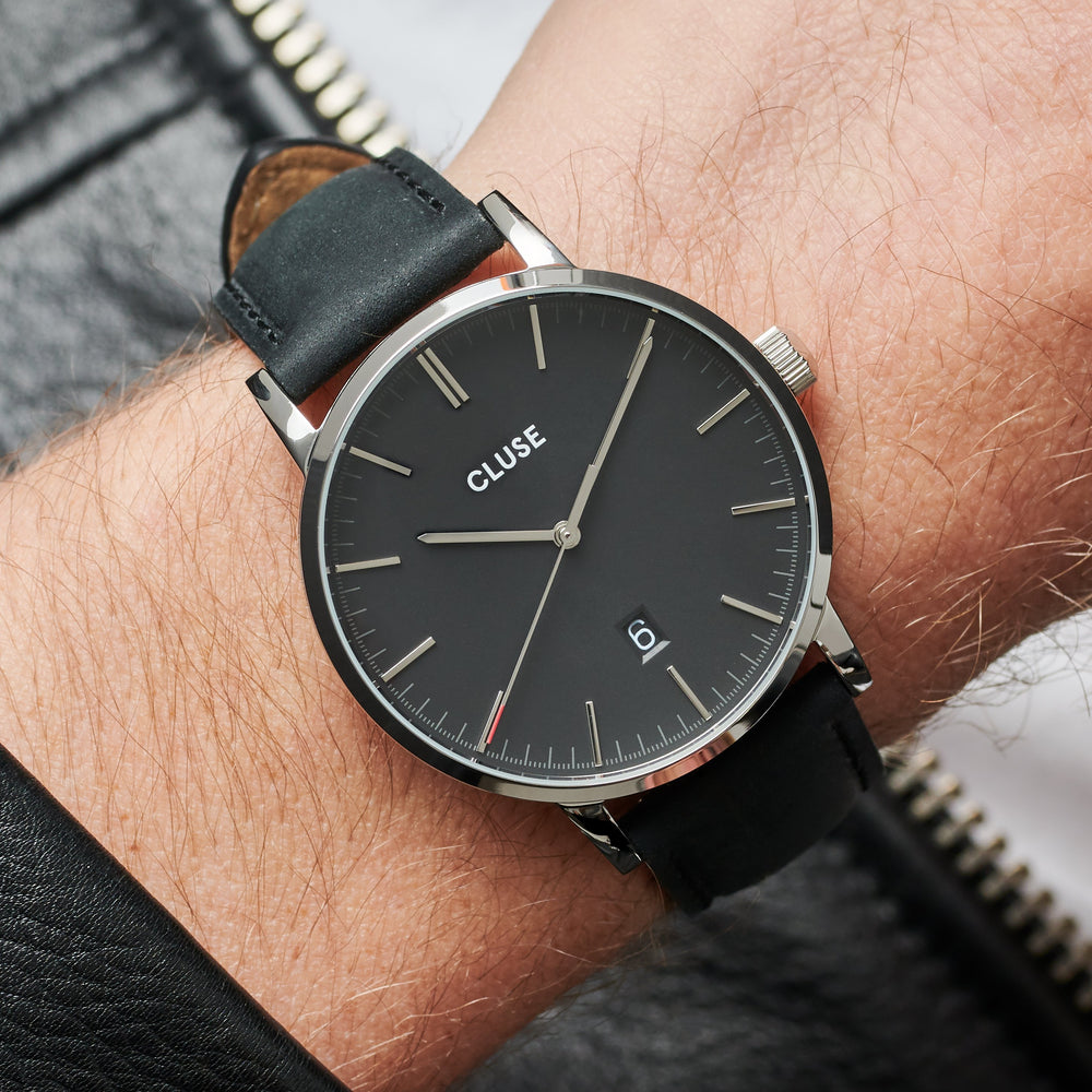 CLUSE Aravis leather silver black/black CW0101501001 - Watch on wrist