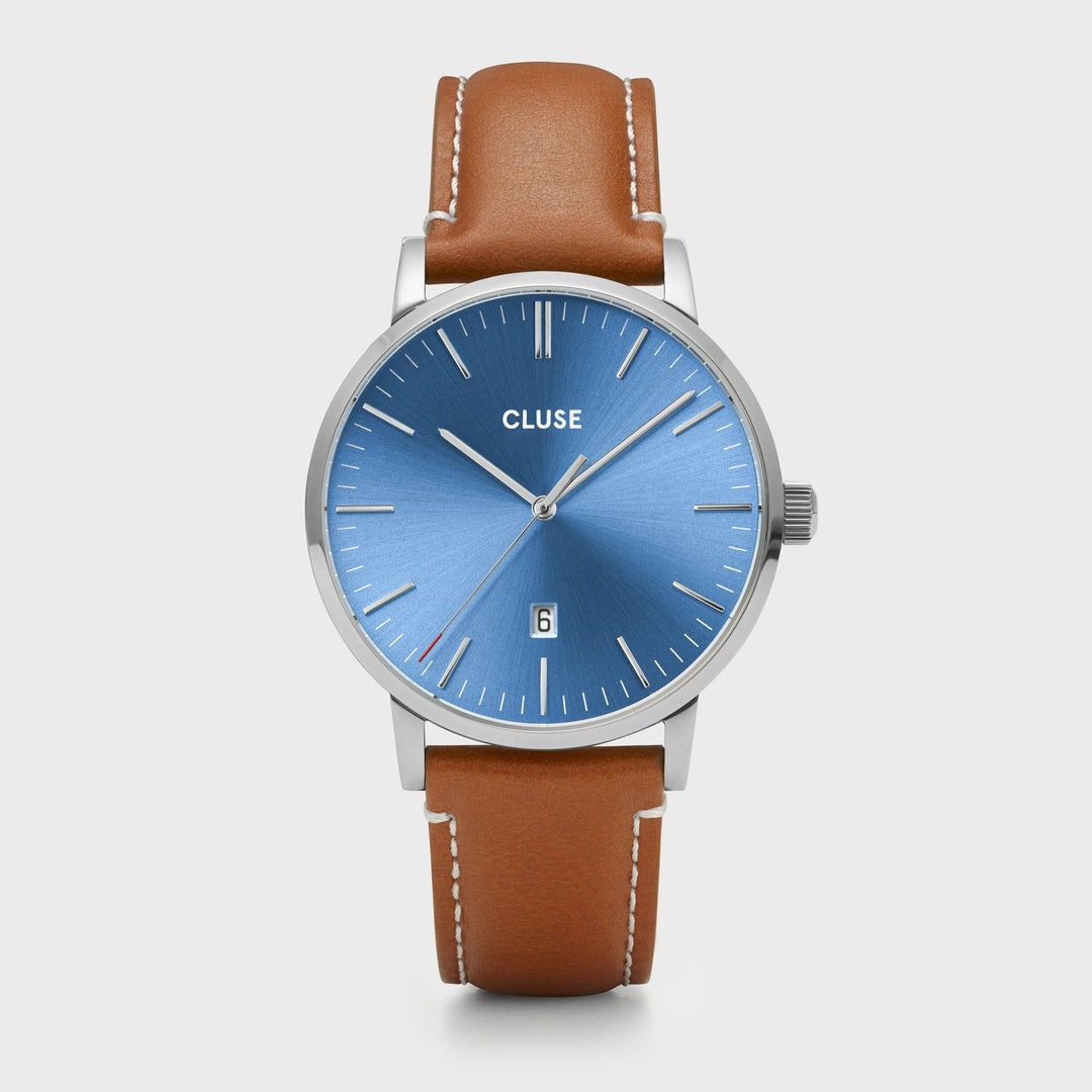 CLUSE Aravis leather silver blue/light brown CW0101501005 - Watch