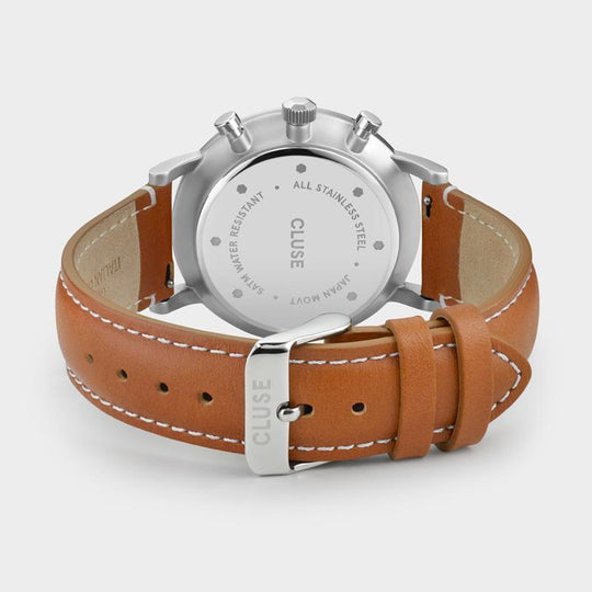 CLUSE Aravis chrono leather silver white/light brown CW0101502003 - Watch clasp and back