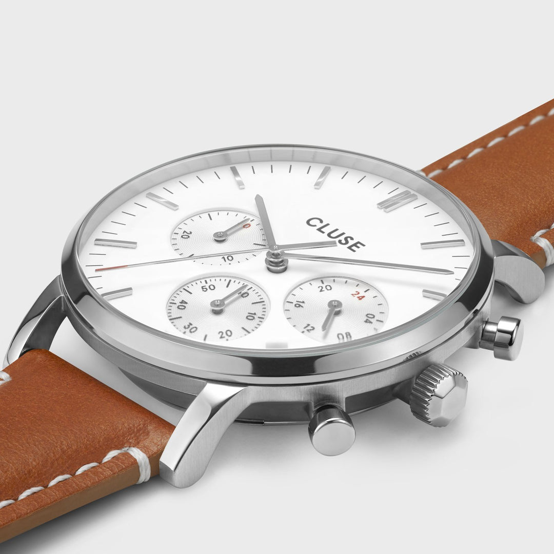 CLUSE Aravis chrono leather silver white/light brown CW0101502003 - Watch case detail