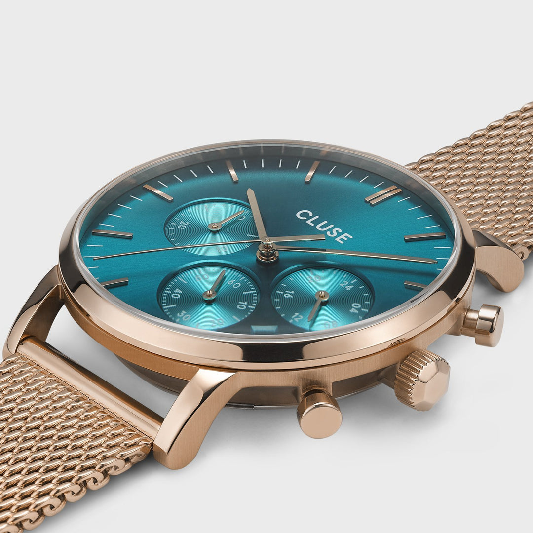 CLUSE Aravis chrono mesh rose gold ocean blue/rose gold CW0101502005 - Watch case detail