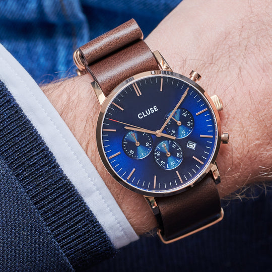 CLUSE Aravis chrono nato leather rose gold dark blue/dark brown CW0101502008 - Watch on wrist