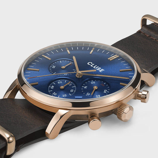 CLUSE Aravis chrono nato leather rose gold dark blue/dark brown CW0101502008 - Watch case detail