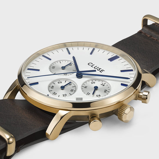 CLUSE Aravis chrono nato leather gold white/dark brown CW0101502009 - Watch case detail