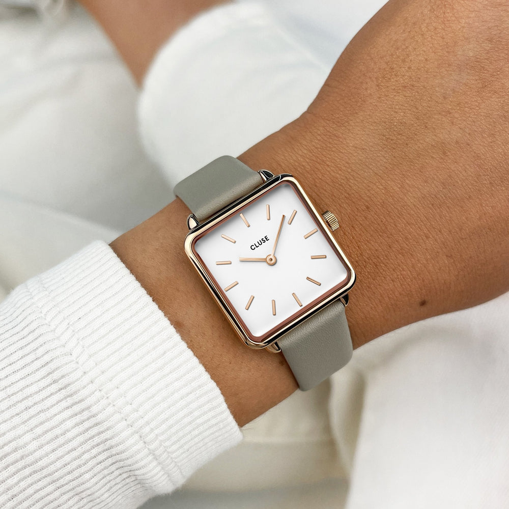 CLUSE La Tétragone Leather Grey, Rose Gold Colour CW10303 - Watch on wrist