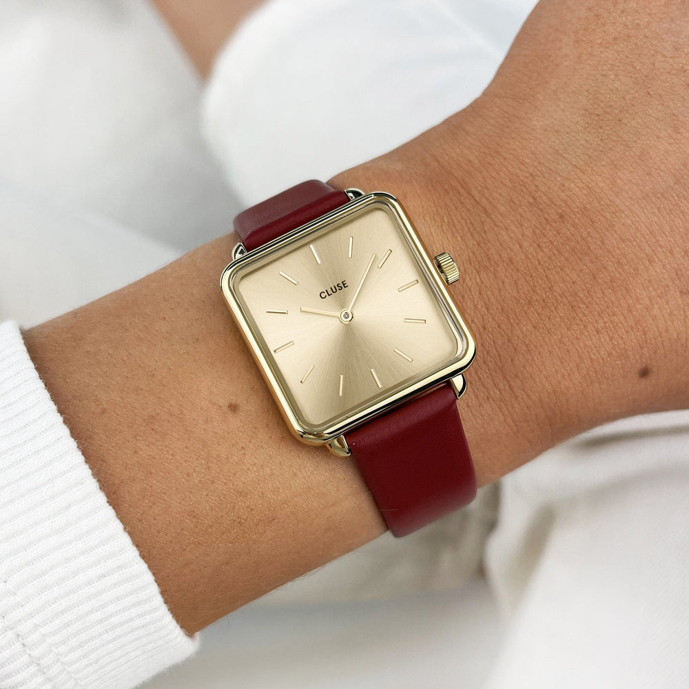 CLUSE La Tétragone Leather Red, Gold Colour CW10304 - Watch on wrist