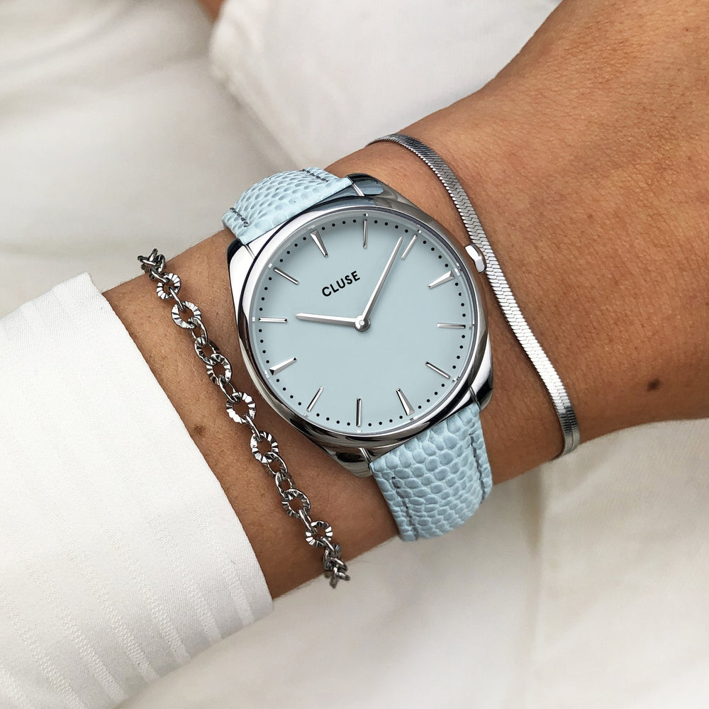 CLUSE Féroce Petite Leather Lizard Blue, Silver Colour CW11204 - Watch on wrist