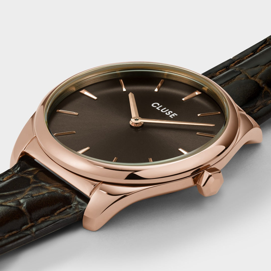 CLUSE Féroce Petite Leather Brown Alligator, Rose Gold Colour CW11210 - Watch case detail