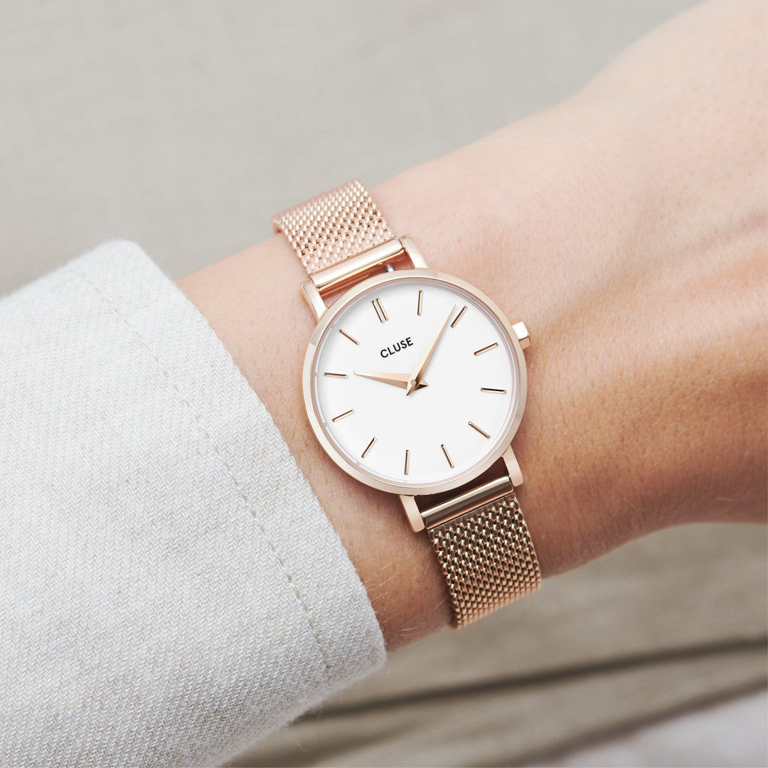 CLUSE La Bohème Petite Mesh, Rose Gold, White CW0101211003 - Watch on wrist