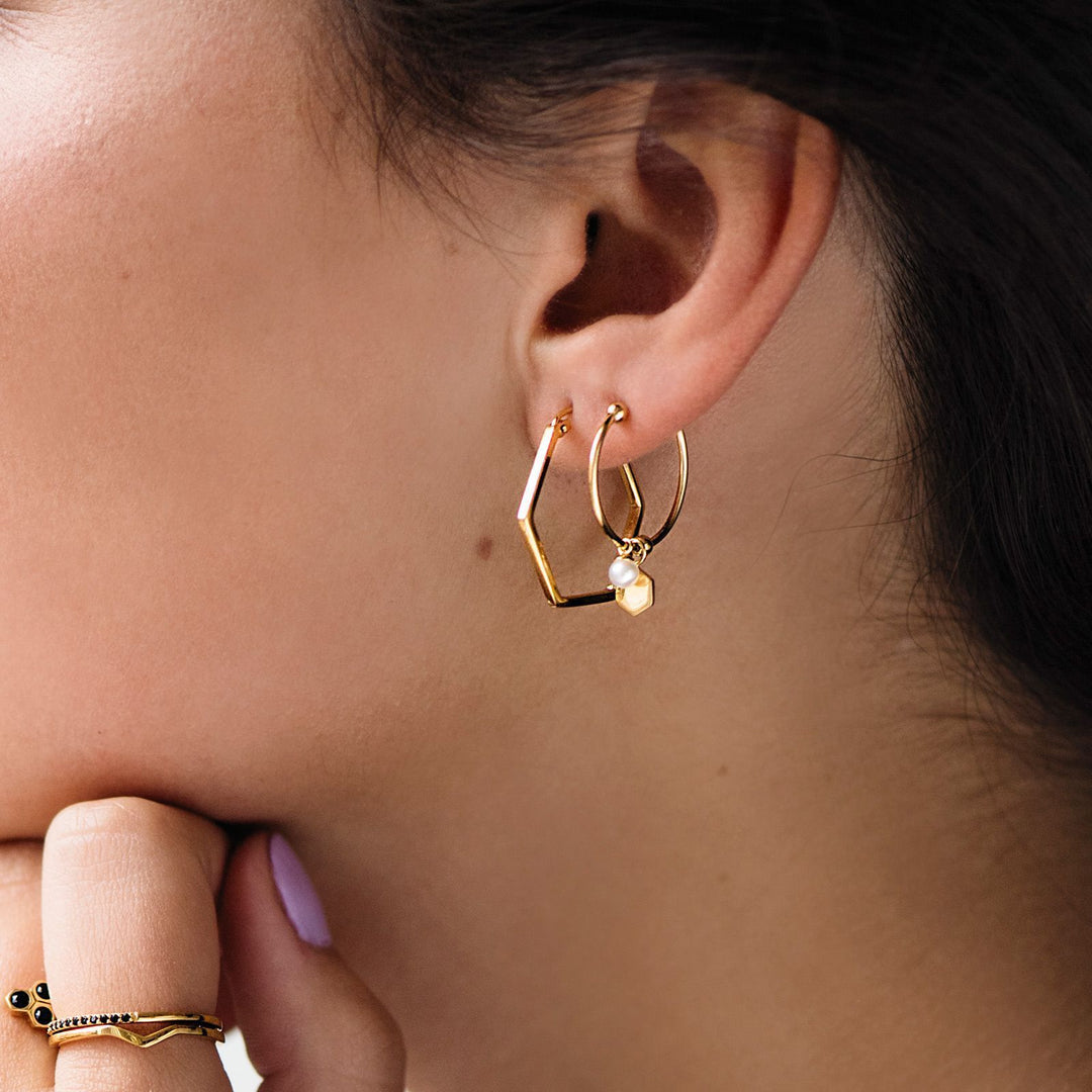 CLUSE Essentielle Gold Hexagon and Pearl Charm Hoop Earrings CLJ51002 - earrings in ear