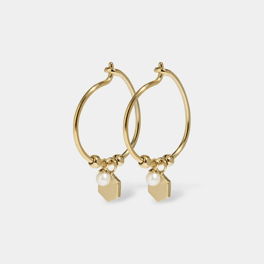 CLUSE Essentielle Gold Hexagon and Pearl Charm Hoop Earrings CLJ51002 - earrings
