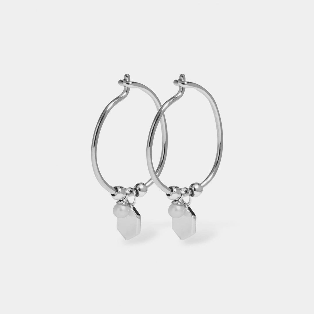 CLUSE Essentielle Silver Hexagon and Pearl Charm Hoop EarringsCLJ52002 - earrings