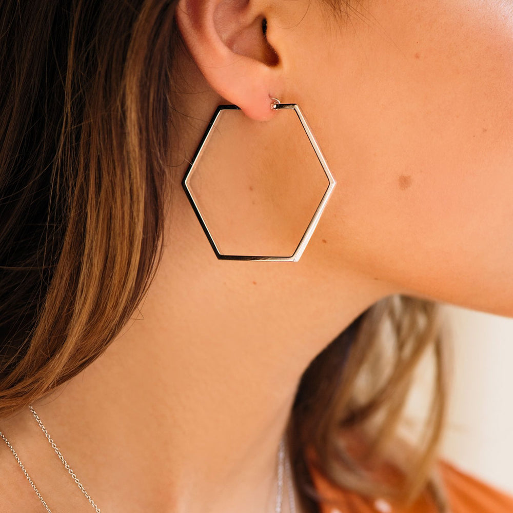 CLUSE Essentielle Silver Large Hexagonal Hoop Earrings CLJ52003 - earrings in ear