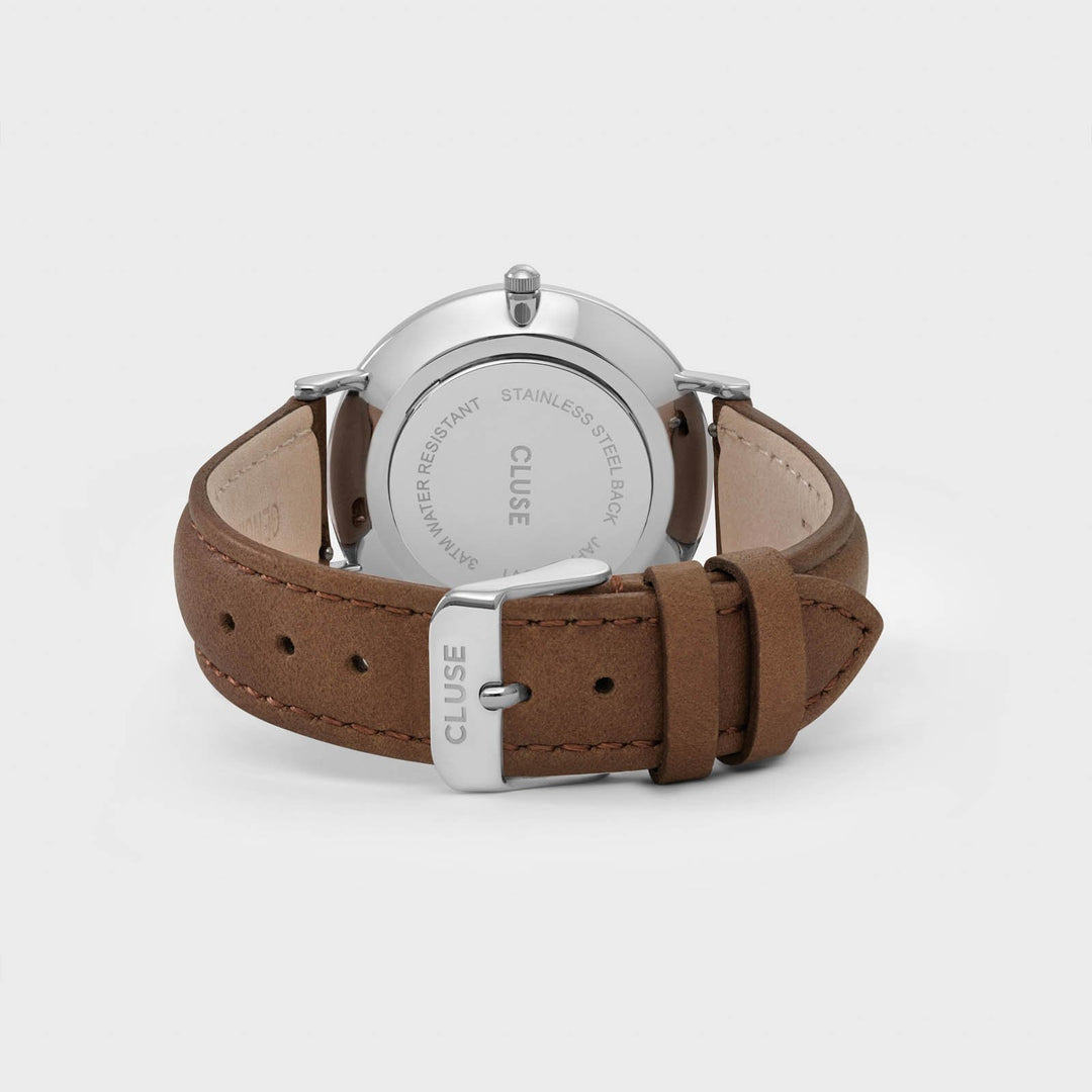 La Bohème Gift Box Mesh Silver/White + Brown Leather Strap CLA003 - Watch clasp and back