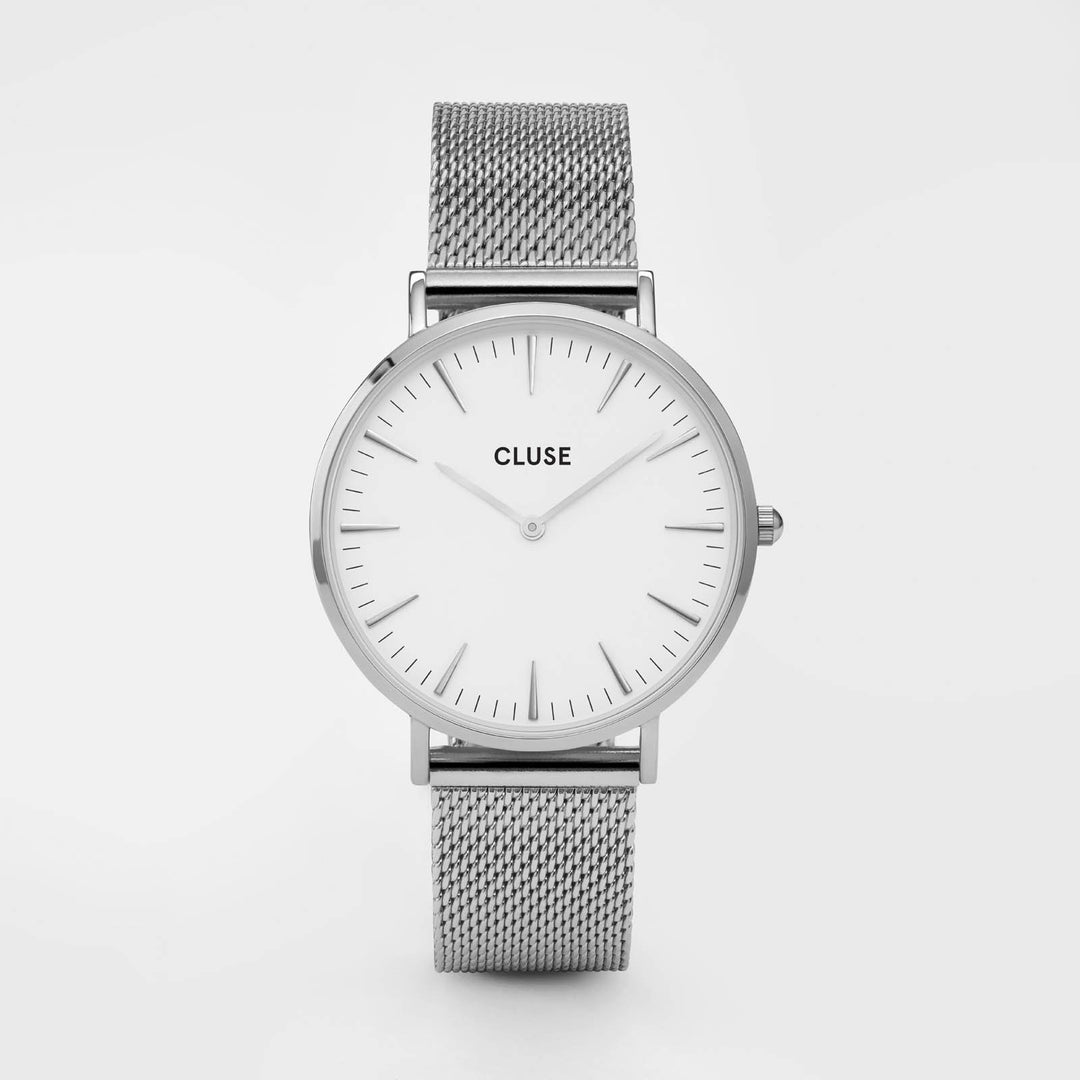 La Bohème Gift Box Mesh Silver/White + Brown Leather Strap CLA003 - Watch frontal