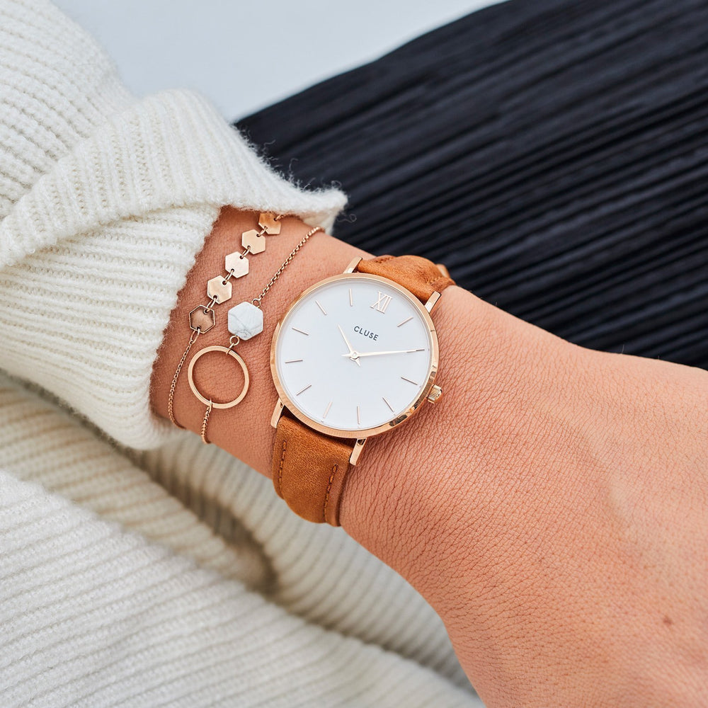CLUSE Minuit Leather Rose Gold White/Caramel CW0101203018 - Watch on wrist